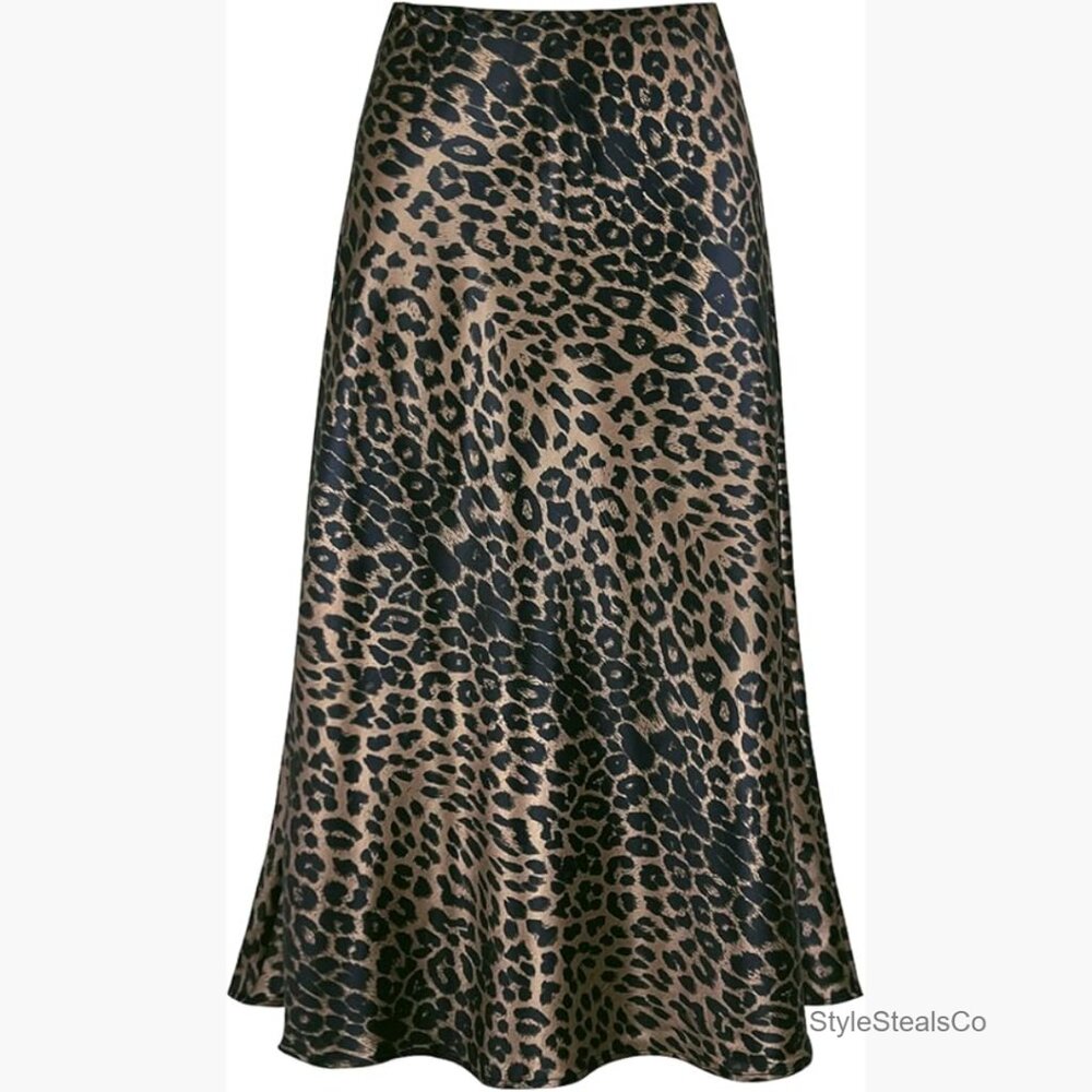 Satin High Waist A-Line Midi Skirt with Elastic Waistband Flared Casual